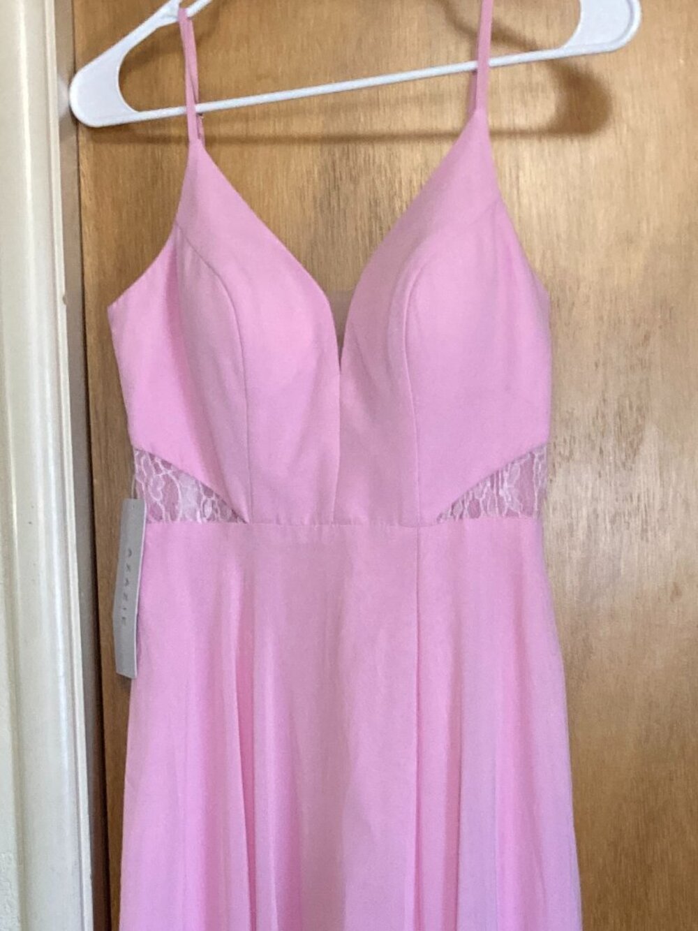light pink Azazie chiffon A-line gown